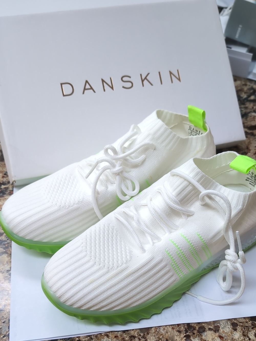 Danskin Positive Size 9 White Knit Sneakers with Neon Yellow-Green Lime